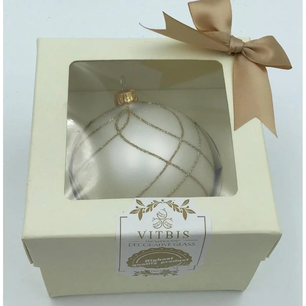 NIB Vitbis Poland Hand Blown Glass Christmas Ornament White Gold Glitter Luxe 4